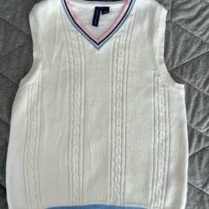 Janie and Jack White Cable Knit Vest with Blue and Pink Trim
